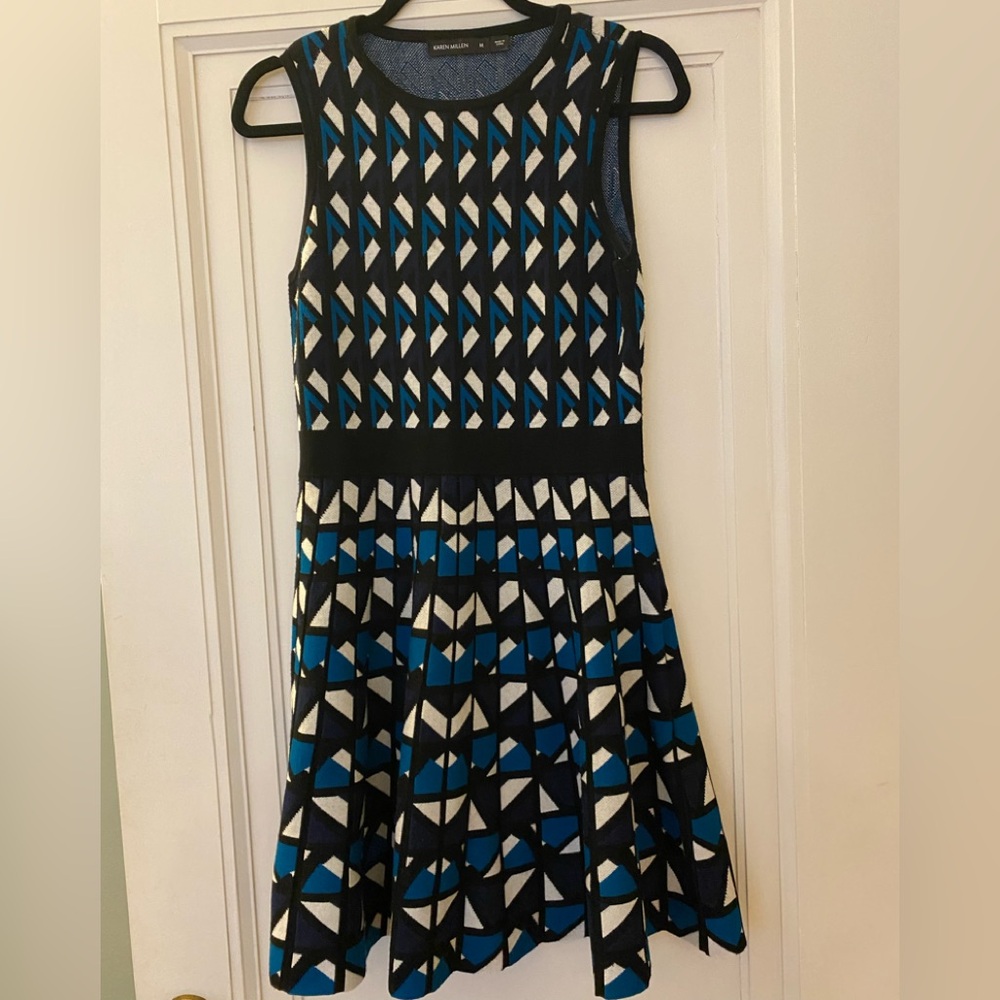 UEC Karen millen brand sleeveless sweater dress. Blue, teal, and black. Medium